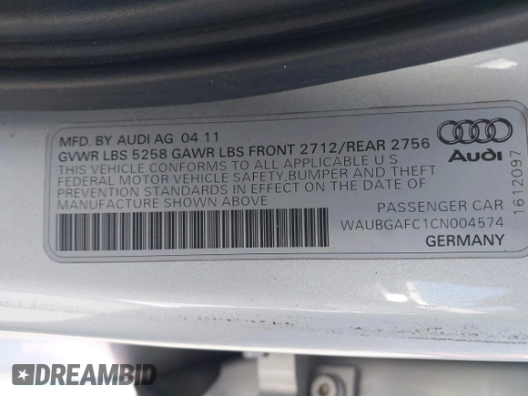 2012 Audi A6 Premium Plus with VIN WAUBGAFC1CN004574, listed as a IAAI auction lot 42335361 with 76,655 mi miles and . Bid and sale history available at DreamBid. Image 9.
