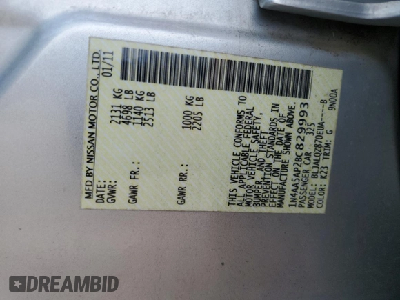 2011 Nissan Maxima SV with VIN 1N4AA5AP2BC829993, listed as a Copart auction lot 63562855 with 202,501 mi miles and Clean title. Bid and sale history available at DreamBid. Image 12.