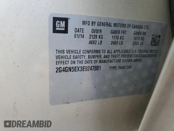 2014 Buick Regal Premium I with VIN 2G4GN5EX3E9247881, listed as a Copart auction lot 85593984 with 121,848 mi miles and Salvage Title. Bid and sale history available at DreamBid. Image 14.