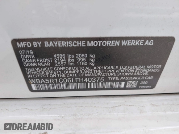2020 BMW 3 Series 330i with VIN WBA5R1C06LFH40375, listed as a IAAI auction lot 41023872 with 98,325 mi miles and . Bid and sale history available at carsss.com. Image 9.