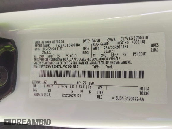 2020 Ford F-150 XL с VIN 1FTEW1E47LFC00185, выставлен на аукционе IAAI как лот 41465353 с пробегом 44 153 миль миль и . История ставок и продаж доступна на DreamBid. Изображение 9.