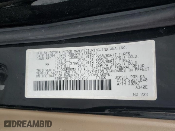 2004 Toyota Tundra Ltd with VIN 5TBET381X4S451279, listed as a Copart auction lot 45034645 with 175,044 mi miles and Salvage Title. Bid and sale history available at carsss.com. Image 13.