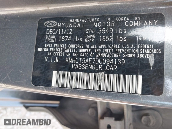 2013 Hyundai Accent GS with VIN KMHCT5AE7DU094139, listed as a IAAI auction lot 42312906 with 160,146 mi miles and . Bid and sale history available at DreamBid. Image 9.