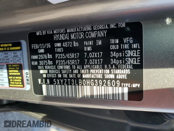 2017 Hyundai Santa Fe 2.4L with VIN 5XYZT3LB0HG392609, listed as a Copart auction lot 62553505 with 69,774 mi miles and Salvage title. Bid and sale history available at DreamBid. Image 13.