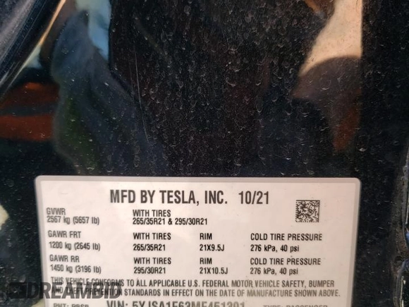 2021 Tesla Model S Plaid with VIN 5YJSA1E63MF451391, listed as a Copart auction lot 54821985 with 50,480 mi miles and Salvage title. Bid and sale history available at DreamBid. Image 12.