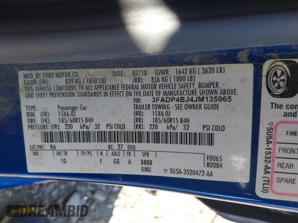 2018 Ford Fiesta SE with VIN 3FADP4BJ4JM135965, listed as a IAAI auction lot 41569841 with 128,347 mi miles. Bid and sale history available at carsss.com. Image 9.