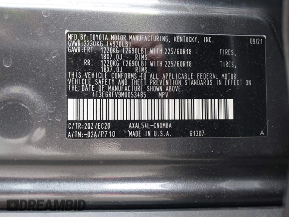 2021 Toyota RAV4 Hybrid XSE with VIN 4T3E6RFV9MU053485, listed as a IAAI auction lot 41761892 with 36,156 mi miles. Bid and sale history available at carsss.com. Image 9.
