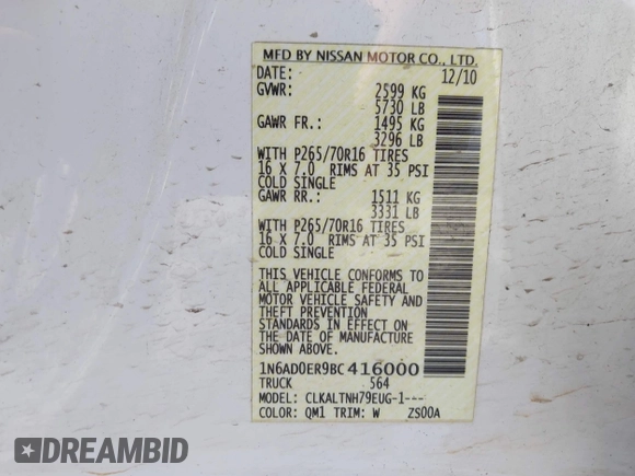 2011 Nissan Frontier SL with VIN 1N6AD0ER9BC416000, listed as a IAAI auction lot 41995111 with 129,012 mi miles and . Bid and sale history available at DreamBid. Image 9.