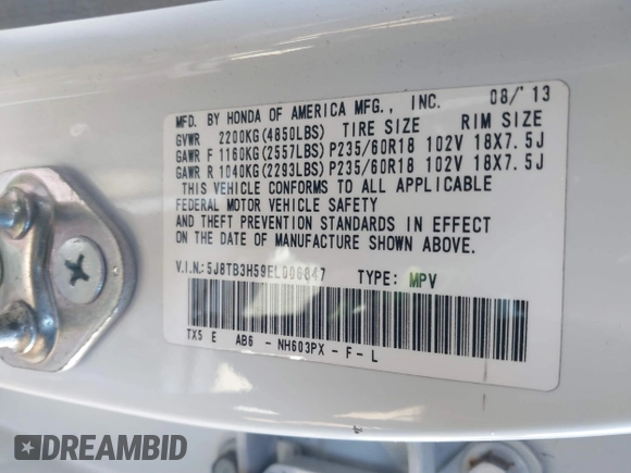 2014 Acura RDX Tech Pkg with VIN 5J8TB3H59EL006847, listed as a IAAI auction lot 41292354 with 135,300 mi miles. Bid and sale history available at carsss.com. Image 9.