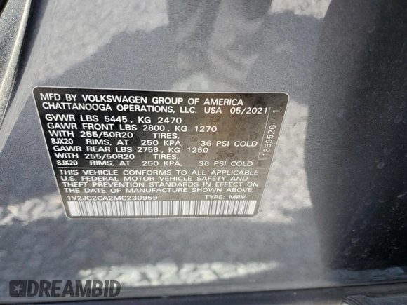 2021 Volkswagen Atlas SE with VIN 1V2JC2CA2MC230959, listed as a Copart auction lot 49097915 with 61,530 mi miles and Salvage title. Bid and sale history available at DreamBid. Image 14.