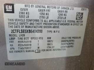 2011 GMC Terrain SLE-2 with VIN 2CTFLSE5XB6404200, listed as a Copart auction lot 56416025 with 120,028 mi miles and Salvage title. Bid and sale history available at DreamBid. Image 12.