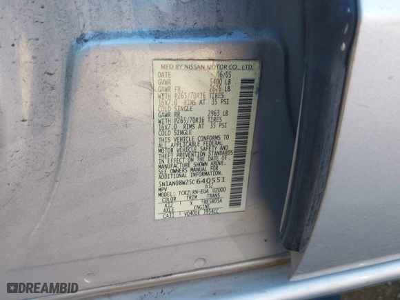 2005 Nissan Xterra S with VIN 5N1AN08W25C640551, listed as a IAAI auction lot 41243383 with 166,948 mi miles. Bid and sale history available at carsss.com. Image 9.