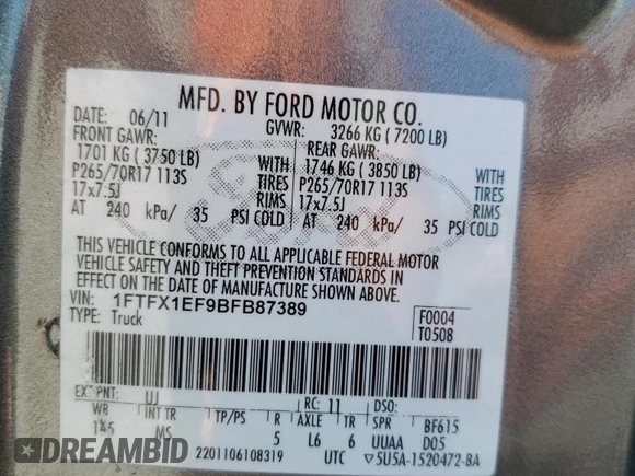 2011 Ford F-150 XL with VIN 1FTFX1EF9BFB87389, listed as a Copart auction lot 65851445 with Not provided miles and Salvage title. Bid and sale history available at DreamBid. Image 13.