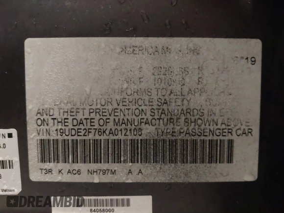 2019 Acura ILX w/Premium Pkg with VIN 19UDE2F76KA012106, listed as a IAAI auction lot 41460790 with 67,052 mi miles. Bid and sale history available at carsss.com. Image 9.