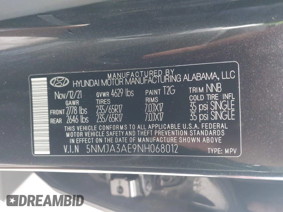 2022 Hyundai Tucson SE with VIN 5NMJA3AE9NH068012, listed as a IAAI auction lot 41173239 with 44,137 mi miles and . Bid and sale history available at carsss.com. Image 9.