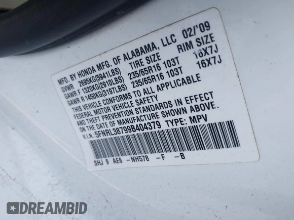 2009 Honda Odyssey EX-L with VIN 5FNRL38799B404379, listed as a IAAI auction lot 41990398 with 224,859 mi miles and . Bid and sale history available at DreamBid. Image 9.