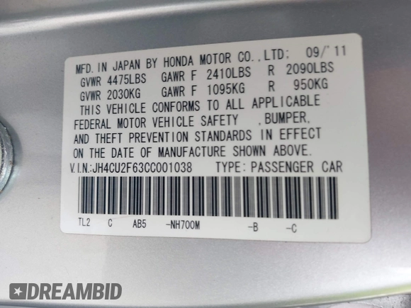 2012 Acura TSX Technology z VIN JH4CU2F63CC001038, wystawiony jako IAAI lot #41995329 z przebiegiem Nie podano mil oraz . Historia ofert i sprzedaży dostępna na DreamBid. Obrazek 9.