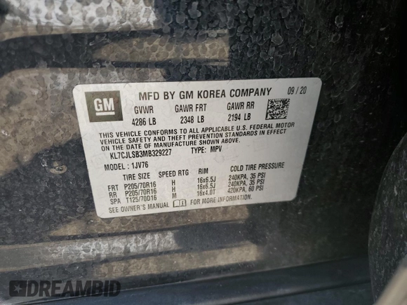 2021 Chevrolet Trax LT with VIN KL7CJLSB3MB329227, listed as a Copart auction lot 42183275 with 59,866 mi miles and Non repairable. Bid and sale history available at DreamBid. Image 13.