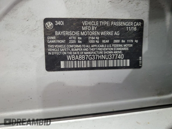 2017 BMW 3 Series 340i xDrive with VIN WBA8B7G37HNU37740, listed as a Copart auction lot 58525925 with Not provided miles and Salvage title. Bid and sale history available at DreamBid. Image 13.