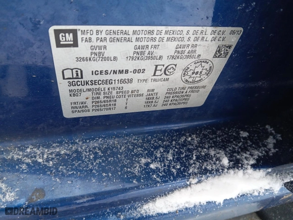 2014 Chevrolet Silverado 1500 LTZ with VIN 3GCUKSEC6EG116638, listed as a Copart auction lot 44156885 with NaN miles and Salvage Title. Bid and sale history available at carsss.com. Image 12.
