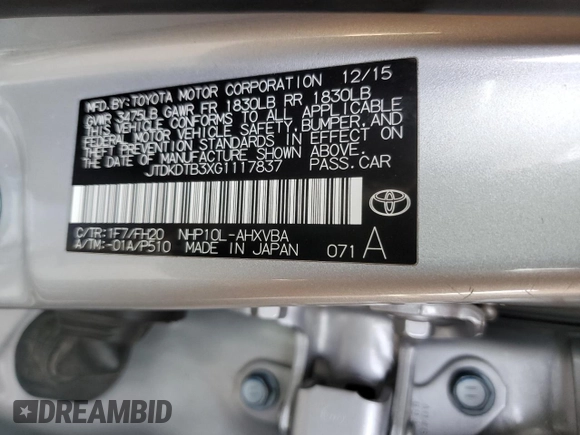 2016 Toyota Prius One with VIN JTDKDTB3XG1117837, listed as a Copart auction lot 50066185 with 101,074 mi miles and Salvage Title. Bid and sale history available at DreamBid. Image 16.
