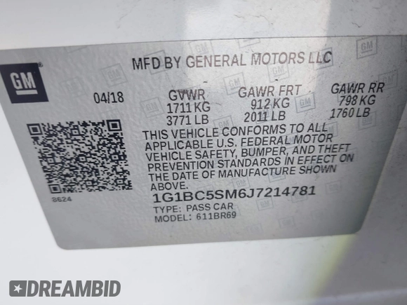 2018 Chevrolet Cruze LS with VIN 1G1BC5SM6J7214781, listed as a IAAI auction lot 41485333 with 119,546 mi miles and . Bid and sale history available at DreamBid. Image 9.