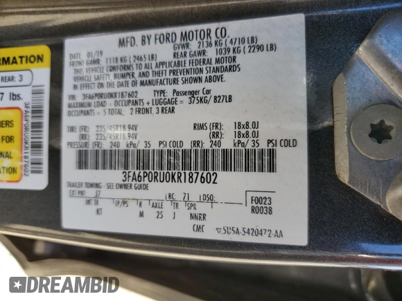2019 Ford Fusion Titanium with VIN 3FA6P0RU0KR187602, listed as a Copart auction lot 52752425 with 153,716 mi miles and Salvage title. Bid and sale history available at DreamBid. Image 15.