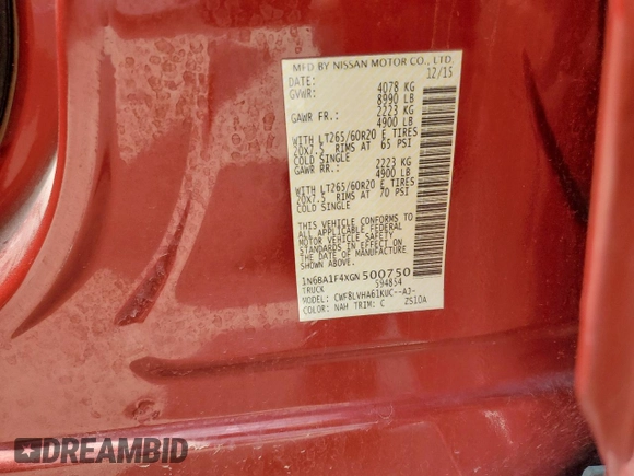 2016 Nissan Titan SL z VIN 1N6BA1F4XGN500750, wystawiony jako Copart lot #57608135 z przebiegiem 126 525 mil mil oraz Czysty tytuł • Clean title. Historia ofert i sprzedaży dostępna na DreamBid. Obrazek 12.