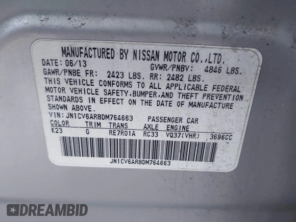 2013 Infiniti G37 x with VIN JN1CV6AR8DM764663, listed as a IAAI auction lot 42084775 with 143,396 mi miles and . Bid and sale history available at carsss.com. Image 9.