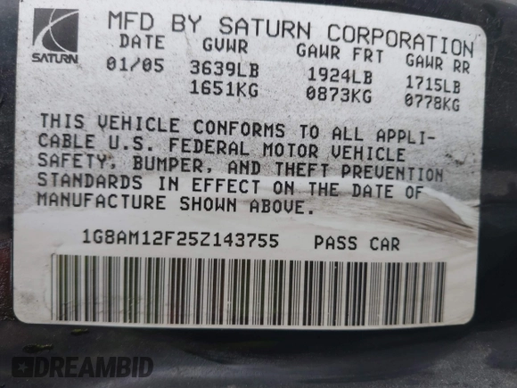 2005 Saturn ION with VIN 1G8AM12F25Z143755, listed as a IAAI auction lot 41858875 with 336,137 mi miles. Bid and sale history available at carsss.com. Image 9.