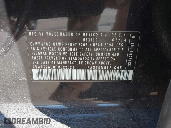 2015 Volkswagen Golf GTI SE with VIN 3VW5T7AU8FM022628, listed as a IAAI auction lot 41657843 with 186,457 mi miles. Bid and sale history available at carsss.com. Image 9.