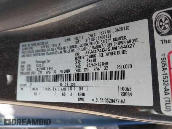 2018 Ford Fiesta SE with VIN 3FADP4BJ5JM144027, listed as a IAAI auction lot 41977656 with 34,217 mi miles. Bid and sale history available at carsss.com. Image 9.