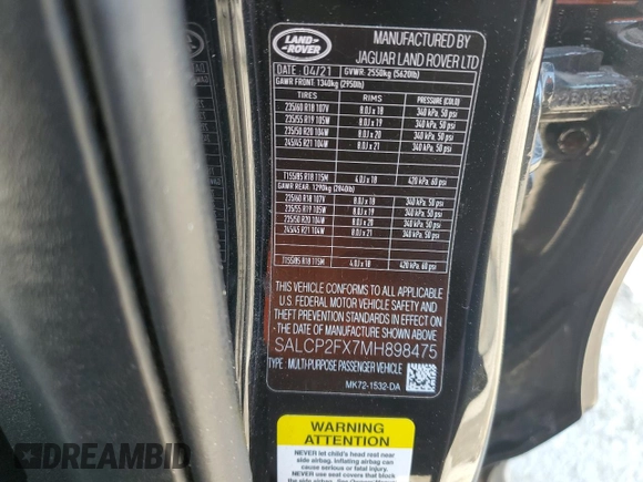 2021 Land Rover Discovery Sport SE with VIN SALCP2FX7MH898475, listed as a Copart auction lot 44173815 with 43,709 mi miles and Salvage Title. Bid and sale history available at carsss.com. Image 14.