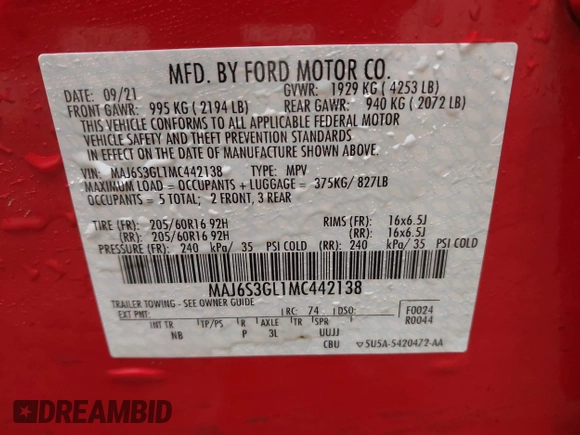 2021 Ford EcoSport SE z VIN MAJ6S3GL1MC442138, wystawiony jako IAAI lot #41774643 z przebiegiem 27 344 mil mil oraz . Historia ofert i sprzedaży dostępna na DreamBid. Obrazek 9.