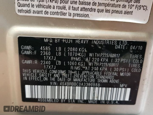 2010 Subaru Outback Premium z VIN 4S4BRBBC0A3380888, wystawiony jako Copart lot #47098885 z przebiegiem 84 906 mil mil oraz Szkoda całkowita • Salvage title. Historia ofert i sprzedaży dostępna na DreamBid. Obrazek 12.