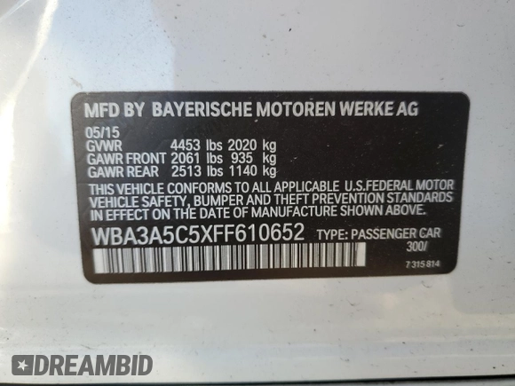 2015 BMW 3 Series 328i with VIN WBA3A5C5XFF610652, listed as a Copart auction lot 48208295 with 88,194 mi miles and Salvage Title. Bid and sale history available at carsss.com. Image 12.