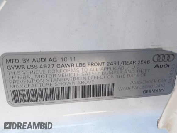 2012 Audi A4 Premium Plus с VIN WAUFFAFL2CN012462, выставлен на аукционе IAAI как лот 42084553 с пробегом 113 271 миль миль и . История ставок и продаж доступна на DreamBid. Изображение 9.