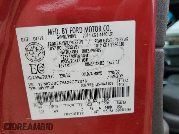 2012 Ford Escape XLT with VIN 1FMCU0D76CKC72016, listed as a Copart auction lot 58729245 with 121,340 mi miles and Clean title. Bid and sale history available at DreamBid. Image 13.