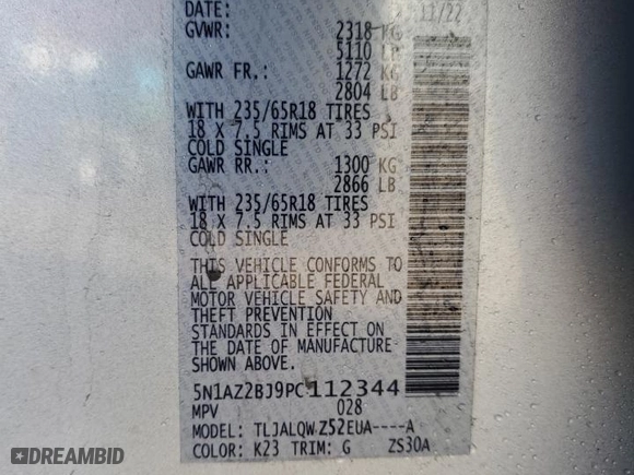 2023 Nissan Murano SV with VIN 5N1AZ2BJ9PC112344, listed as a Copart auction lot 46391745 with 58,781 mi miles and Salvage Title. Bid and sale history available at carsss.com. Image 16.