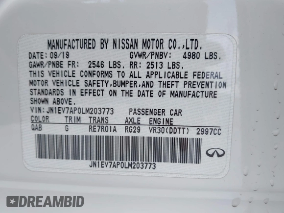 2020 Infiniti Q50 Luxe with VIN JN1EV7AP0LM203773, listed as a IAAI auction lot 42028051 with 46,389 mi miles and . Bid and sale history available at DreamBid. Image 9.