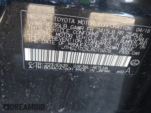 2018 Lexus IS 350 z VIN JTHCZ1D2XJ5015676, wystawiony jako IAAI lot #41816860 z przebiegiem 100 491 mil mil oraz . Historia ofert i sprzedaży dostępna na DreamBid. Obrazek 9.