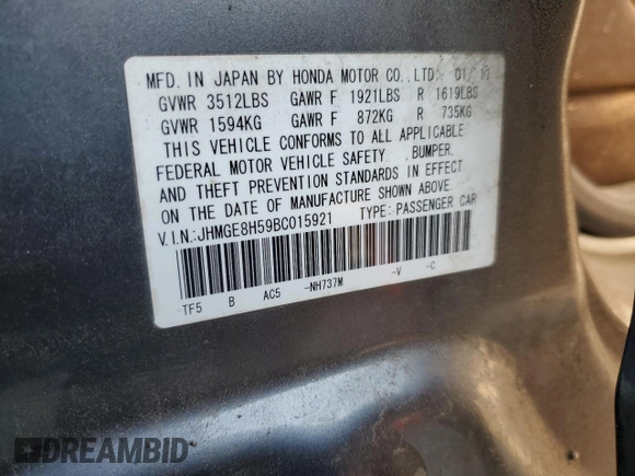 2011 Honda Fit Sport with VIN JHMGE8H59BC015921, listed as a Copart auction lot 49580215 with Not Provided miles and Salvage Title. Bid and sale history available at DreamBid. Image 14.