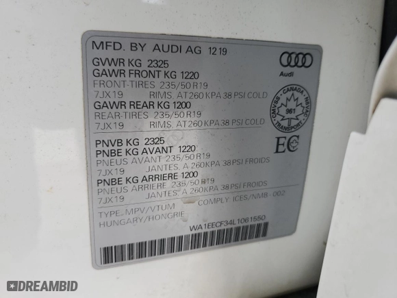 2020 Audi Q3 S line Premium Plus with VIN WA1EECF34L1061550, listed as a Copart auction lot 46917255 with 72,600 mi miles and Clean Title. Bid and sale history available at carsss.com. Image 13.