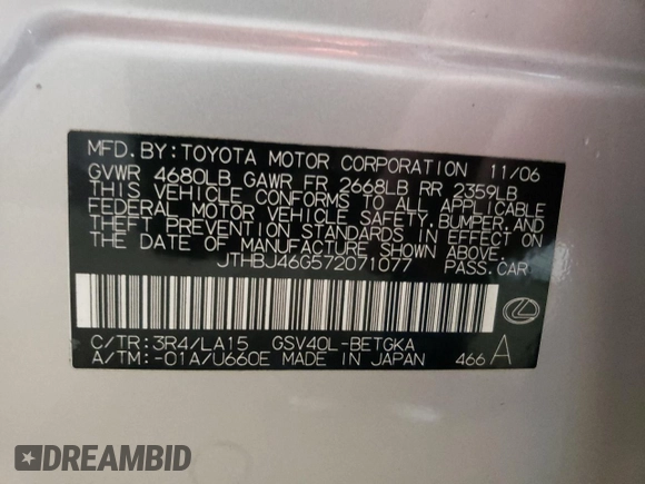 2007 Lexus ES 330 with VIN JTHBJ46G572071077, listed as a Copart auction lot 54392655 with 148,665 mi miles and Salvage Title. Bid and sale history available at DreamBid. Image 12.