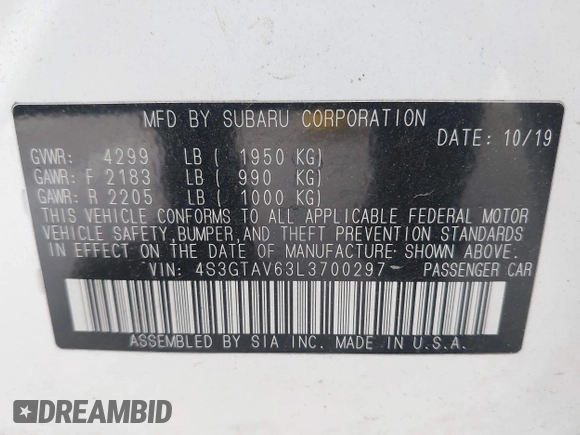 2020 Subaru Impreza Premium with VIN 4S3GTAV63L3700297, listed as a IAAI auction lot 42710002 with 85,470 mi miles and . Bid and sale history available at DreamBid. Image 9.