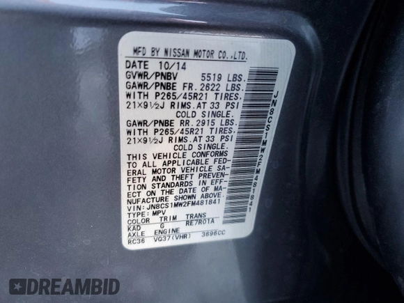 2015 Infiniti QX70 z VIN JN8CS1MW2FM481841, wystawiony jako Copart lot #41459505 z przebiegiem Nie podano mil oraz Szkoda całkowita • Salvage title. Historia ofert i sprzedaży dostępna na DreamBid. Obrazek 13.