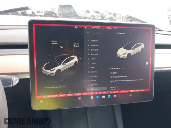 2023 Tesla Model 3 with VIN 5YJ3E1EA8PF398110, listed as a IAAI auction lot 41692006 with 112,699 mi miles and . Bid and sale history available at carsss.com. Image 18.