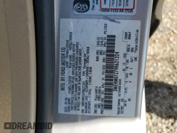 2009 Mercury Milan с VIN 3MEHM07Z79R621324, выставлен на аукционе Copart как лот 56986235 с пробегом 217 742 миль миль и Чистый • Clean title. История ставок и продаж доступна на DreamBid. Изображение 12.