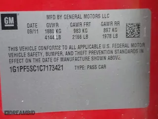 2012 Chevrolet Cruze LT w/1LT with VIN 1G1PF5SC1C7173421, listed as a IAAI auction lot 41917462 with 101,210 mi miles. Bid and sale history available at carsss.com. Image 9.