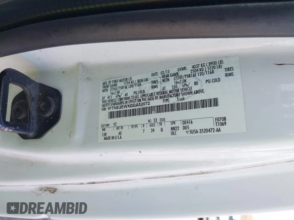 2013 Ford Econoline Cargo Commercial with VIN 1FTNE2EWXDDA52072, listed as a IAAI auction lot 42523635 with 262,097 mi miles and . Bid and sale history available at DreamBid. Image 9.